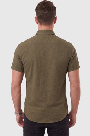 DeepSEA Erkek Slim Fit Likralı Jakar Dokulu Haki Kısa Kol Gömlek – Esnek Nakış Armalı 2604356