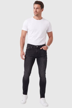 DeepSEA Erkek Slim Fit %98 Pamuk Likralı Taşlanmış Yıpratma Detaylı Siyah Kot Pantolon 2600041