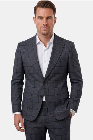 DeepSEA Lacivert Kare Desenli Slim Fit Erkek Takım Elbise – Çift Düğme Çift Yırtmaç 2’li Takım 2601812