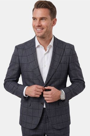 DeepSEA Lacivert Kare Desenli Slim Fit Erkek Takım Elbise – Çift Düğme Çift Yırtmaç 2’li Takım 2601812