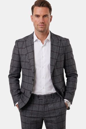 DeepSEA Antrasit Kare Desenli Slim Fit Erkek Takım Elbise – Çift Düğme Çift Yırtmaç 2’li Takım 2601812