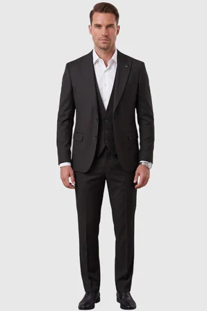 DeepSEA Siyah Slim Fit Likralı 3’lü Takım Elbise Ceket Yelek Pantolon Modern Şık Tasarım 2601798