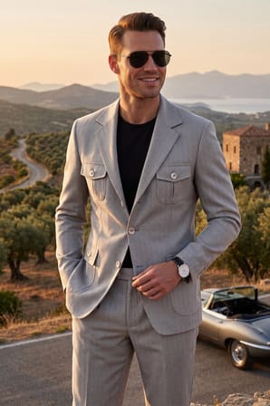 DeepSEA Erkek Gri Safari Ceketli Slim Fit 2'li Takım Elbise – Pileli Duble Paça Pantolon 2600723