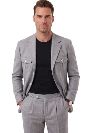 DeepSEA Erkek Gri Safari Ceketli Slim Fit 2'li Takım Elbise – Pileli Duble Paça Pantolon 2600723