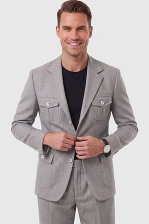 DeepSEA Erkek Gri Safari Ceketli Slim Fit 2'li Takım Elbise – Pileli Duble Paça Pantolon 2600723