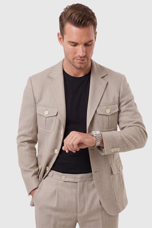 DeepSEA Erkek Bej Safari Ceketli Slim Fit 2'li Takım Elbise – Pileli Duble Paça Pantolon 2600723