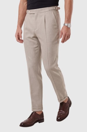 DeepSEA Erkek Bej Safari Ceketli Slim Fit 2'li Takım Elbise – Pileli Duble Paça Pantolon 2600723