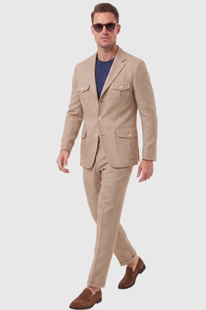 DeepSEA Erkek Camel Safari Ceketli Slim Fit 2'li Takım Elbise – Pileli Duble Paça Pantolon 2600723