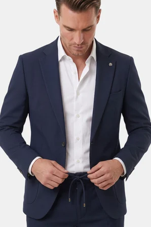 DeepSEA Lacivert Premium Çizgi Dokulu Slim Fit Likralı 2’li Erkek Takım Elbise 2600821