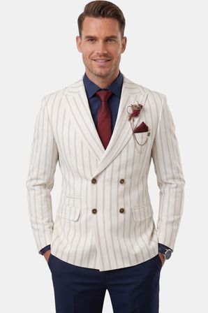 DeepSEA Erkek Beyaz Çizgili Kruvaze Blazer Ceket – Slim Fit Modern Kesim Şık Yazlık Ceket 2600814