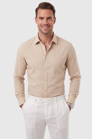 DeepSEA Erkek Slim Fit %95 Pamuk Çizgi Dokulu Bej Ütü Gerektirmeyen Gömlek 2600002