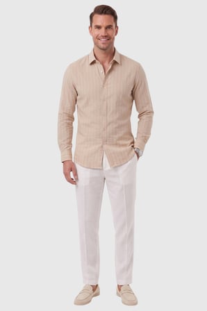 DeepSEA Erkek Slim Fit %95 Pamuk Çizgi Dokulu Bej Ütü Gerektirmeyen Gömlek 2600002