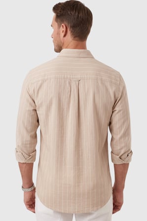 DeepSEA Erkek Slim Fit %95 Pamuk Çizgi Dokulu Bej Ütü Gerektirmeyen Gömlek 2600002