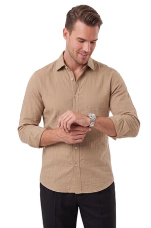 DeepSEA Erkek Slim Fit %95 Pamuk Çizgi Dokulu Açık Kahve Ütü Gerektirmeyen Gömlek 2600002