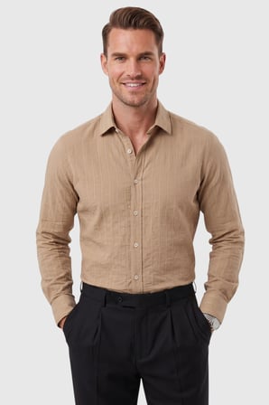 DeepSEA Erkek Slim Fit %95 Pamuk Çizgi Dokulu Açık Kahve Ütü Gerektirmeyen Gömlek 2600002