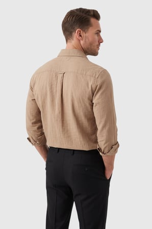 DeepSEA Erkek Slim Fit %95 Pamuk Çizgi Dokulu Açık Kahve Ütü Gerektirmeyen Gömlek 2600002