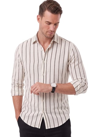 DeepSEA Erkek %100 Pamuk Slim Fit Dar Kesim Keten Dokulu Çizgili Uzun Kollu Beyaz Gömlek 2600034