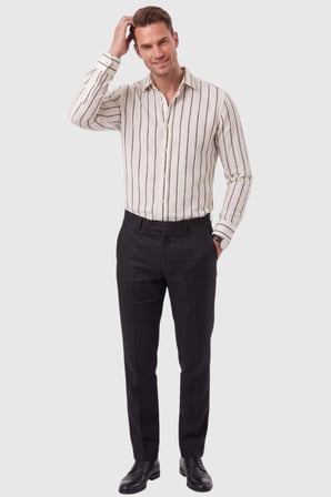 DeepSEA Erkek %100 Pamuk Slim Fit Dar Kesim Keten Dokulu Çizgili Uzun Kollu Beyaz Gömlek 2600034