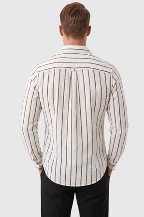 DeepSEA Erkek %100 Pamuk Slim Fit Dar Kesim Keten Dokulu Çizgili Uzun Kollu Beyaz Gömlek 2600034