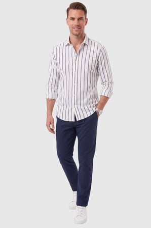 DeepSEA Erkek %100 Pamuk Slim Fit Dar Kesim Keten Dokulu Çizgili Uzun Kollu Lacivert Gömlek 2600034