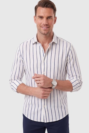 DeepSEA Erkek %100 Pamuk Slim Fit Dar Kesim Keten Dokulu Çizgili Uzun Kollu Lacivert Gömlek 2600034