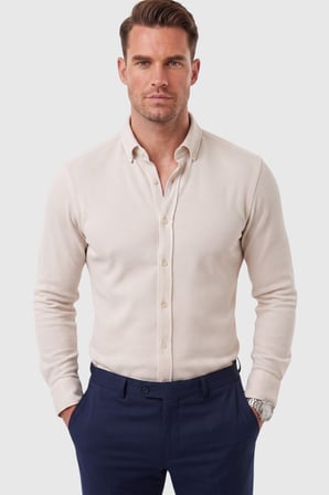 DeepSEA Erkek %97 Pamuk Slim Fit Dar Kesim Petek Dokulu Likralı Örme Bej Gömlek 2600707
