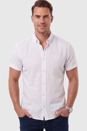 DeepSEA Erkek Slim Fit Likralı Jakar Dokulu Beyaz Kısa Kol Gömlek – Esnek Nakış Armalı 2604356