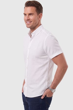 DeepSEA Erkek Slim Fit Likralı Jakar Dokulu Beyaz Kısa Kol Gömlek – Esnek Nakış Armalı 2604356