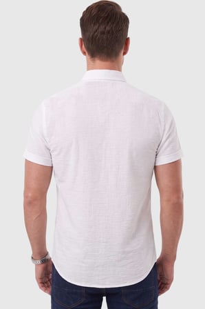 DeepSEA Erkek Slim Fit Likralı Jakar Dokulu Beyaz Kısa Kol Gömlek – Esnek Nakış Armalı 2604356