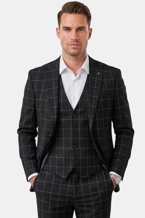 DeepSEA Erkek Siyah Slim Fit 3’lü Takım Elbise – Yelekli Ekose Desenli Çift Düğme Takım Elbise 2600501