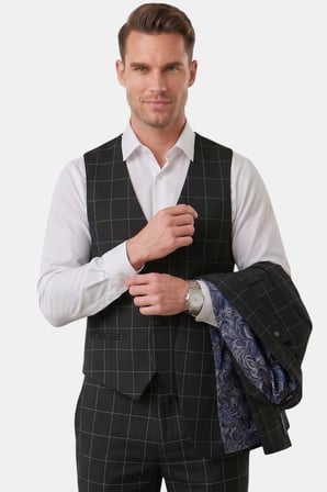 DeepSEA Erkek Siyah Slim Fit 3’lü Takım Elbise – Yelekli Ekose Desenli Çift Düğme Takım Elbise 2600501