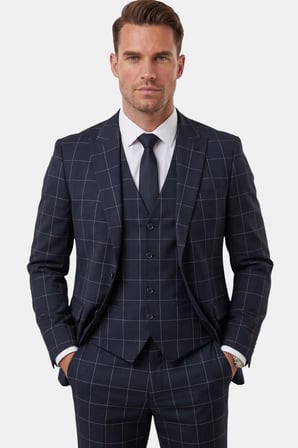 DeepSEA Erkek Koyu Lacivert Slim Fit 3’lü Takım Elbise – Yelekli Ekose Desenli Çift Düğme Takım Elbise 2600501
