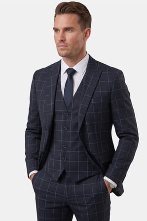 DeepSEA Erkek Koyu Lacivert Slim Fit 3’lü Takım Elbise – Yelekli Ekose Desenli Çift Düğme Takım Elbise 2600501