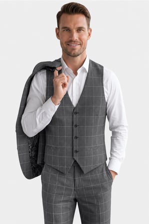 DeepSEA Erkek Koyu Gri Slim Fit 3’lü Takım Elbise – Yelekli Ekose Desenli Çift Düğme Takım Elbise 2600501