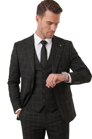 DeepSEA Erkek Siyah Slim Fit 3’lü Takım Elbise – Kareli Ekose Desenli Yelekli Şık Takım 2600517