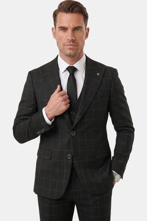 DeepSEA Erkek Siyah Slim Fit 3’lü Takım Elbise – Kareli Ekose Desenli Yelekli Şık Takım 2600517