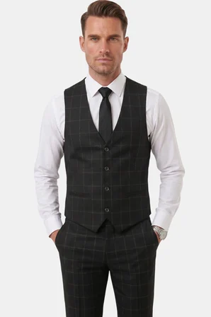DeepSEA Erkek Siyah Slim Fit 3’lü Takım Elbise – Kareli Ekose Desenli Yelekli Şık Takım 2600517