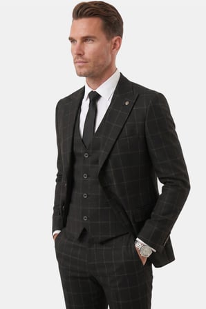 DeepSEA Erkek Siyah Slim Fit 3’lü Takım Elbise – Kareli Ekose Desenli Yelekli Şık Takım 2600517