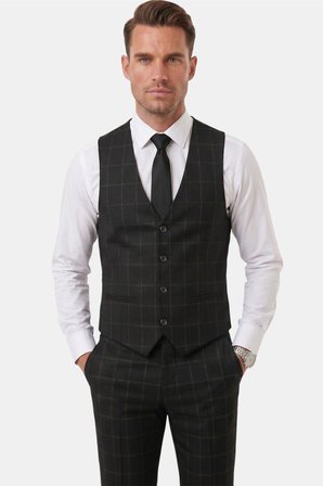 DeepSEA Erkek Siyah Slim Fit 3’lü Takım Elbise – Kareli Ekose Desenli Yelekli Şık Takım 2600517