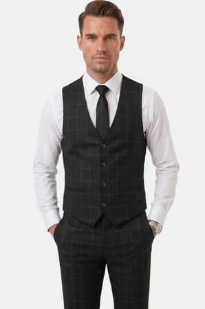 DeepSEA Erkek Siyah Slim Fit 3’lü Takım Elbise – Kareli Ekose Desenli Yelekli Şık Takım 2600517