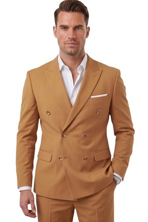DeepSEA Erkek Camel Premium Collection İtalyan Kesim Likralı Kruvaze Takım Elbise 2600643