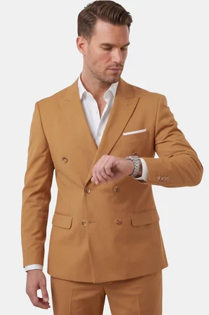 DeepSEA Erkek Camel Premium Collection İtalyan Kesim Likralı Kruvaze Takım Elbise 2600643