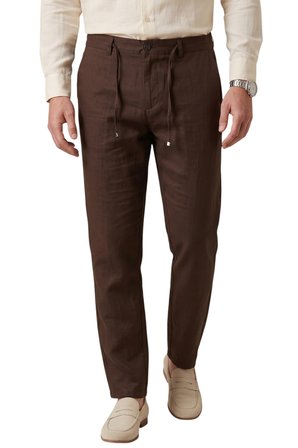 DeepSEA Kahve Slim Fit Likralı Keten Dokulu Lastikli Belli İpli Yazlık Erkek Pantolon 2603001