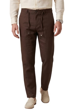 DeepSEA Kahve Slim Fit Likralı Keten Dokulu Lastikli Belli İpli Yazlık Erkek Pantolon 2603001