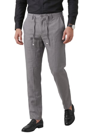 DeepSEA Gri Slim Fit Likralı Keten Dokulu Lastikli Belli İpli Yazlık Erkek Pantolon 2603001