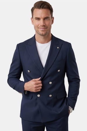 DeepSEA Erkek Lacivert Slim Fit Kruvaze Takım Elbise Likralı Çizgili Dokulu Metal Düğmeli 2600820