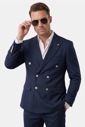 DeepSEA Erkek Lacivert Slim Fit Kruvaze Takım Elbise Likralı Çizgili Dokulu Metal Düğmeli 2600820