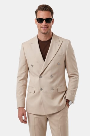 DeepSEA Erkek Bej Slim Fit Kruvaze Takım Elbise Likralı Çizgili Dokulu Metal Düğmeli 2600820