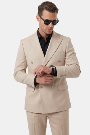 DeepSEA Erkek Bej Slim Fit Kruvaze Takım Elbise Likralı Çizgili Dokulu Metal Düğmeli 2600820