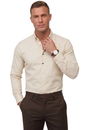 DeepSEA Krem Slim Fit Likralı Kolay Ütülenebilir Gizli Düğmeli Erkek Gömlek 2602614